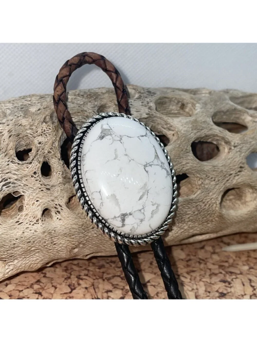 White Buffalo Turquoise Silver Western Leather Bolo Tie Necklace Ranch Wear new